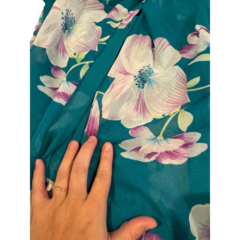 Women’s One Size Sheer Floral Kimono Cardigan Cover Up Teal Floral Lightweight - Picture 5 of 6